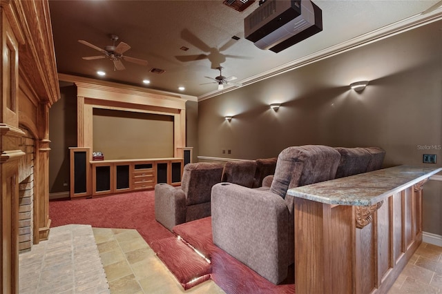 cinema room with crown molding