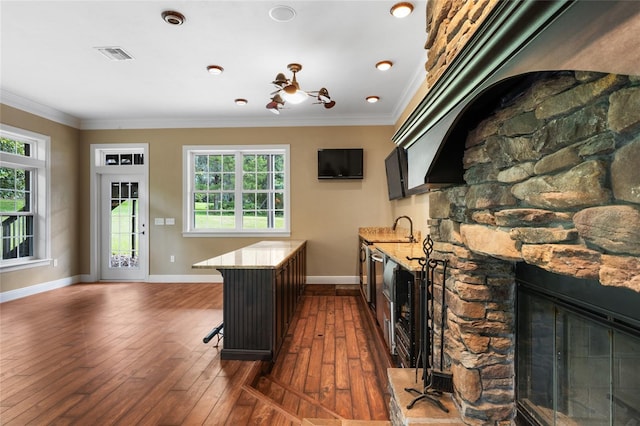 kitchen with a healthy amount of sunlight, ornamental molding, a kitchen bar, and sink