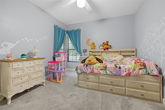 bedroom featuring ceiling fan and light colored carpet