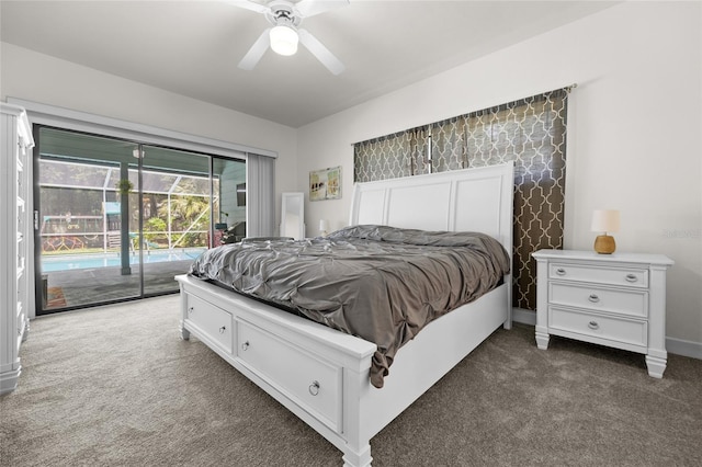 bedroom with access to exterior, dark carpet, and ceiling fan