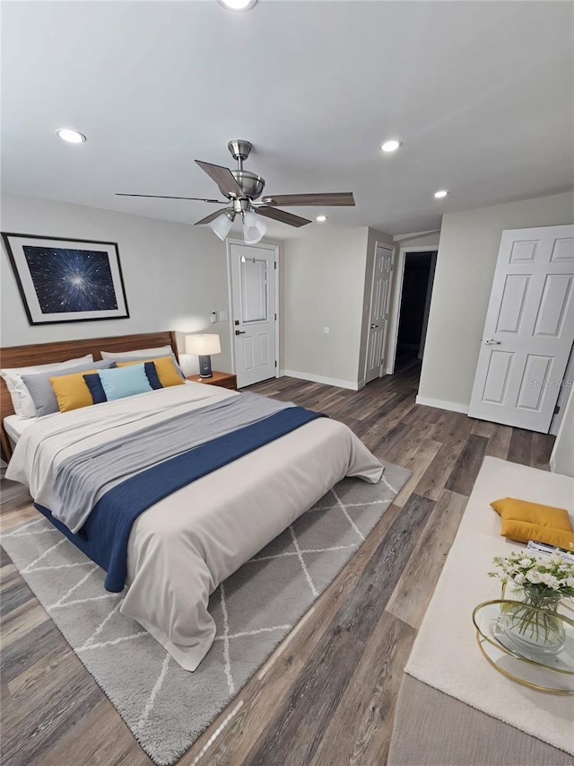 bedroom with recessed lighting, a ceiling fan, baseboards, and wood finished floors