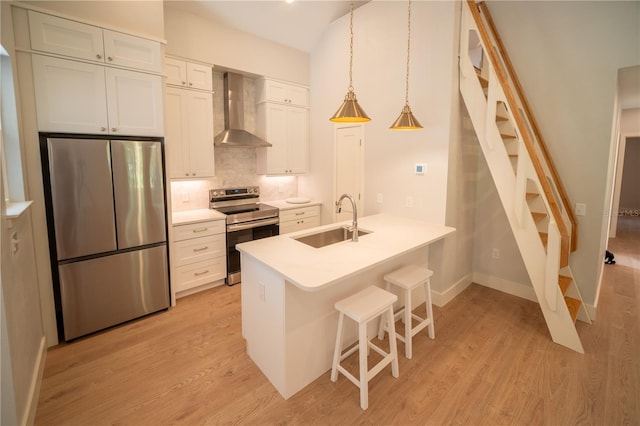 kitchen with sink, appliances with stainless steel finishes, white cabinets, decorative backsplash, and wall chimney exhaust hood