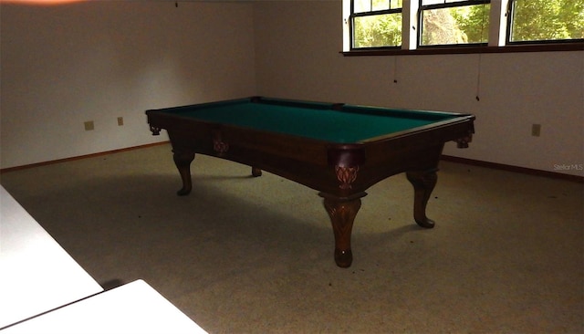 rec room featuring light colored carpet and billiards