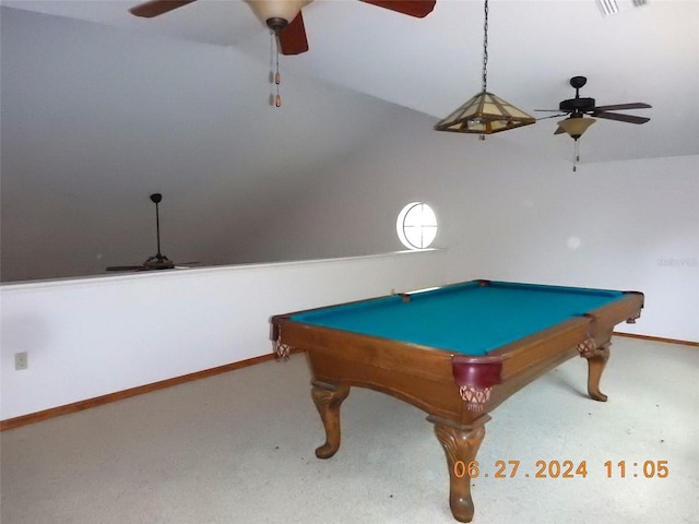 rec room with pool table and vaulted ceiling