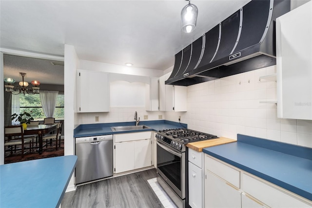 kitchen featuring white cabinets, ventilation hood, sink, and appliances with stainless steel finishes