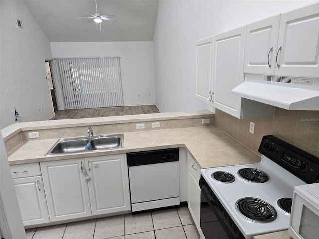 kitchen with sink, dishwasher, ceiling fan, white cabinetry, and black / electric stove