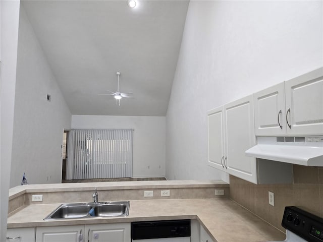 kitchen featuring lofted ceiling, sink, ceiling fan, black appliances, and white cabinets