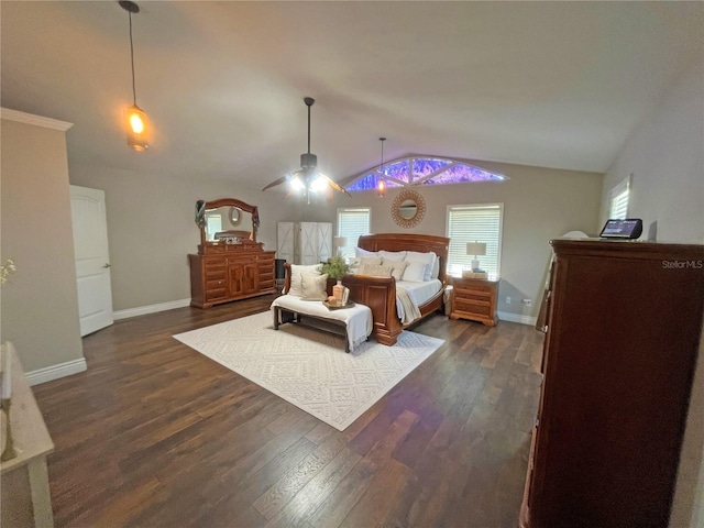 bedroom with lofted ceiling, dark wood-type flooring, and ceiling fan