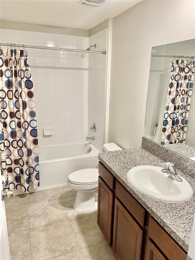 full bathroom with vanity, tile patterned flooring, toilet, and shower / bath combination with curtain