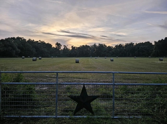 yard at dusk featuring a rural view