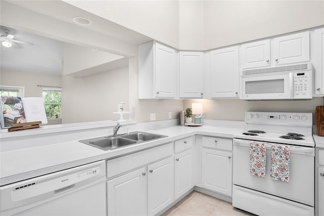 kitchen featuring white cabinetry, sink, light tile patterned floors, ceiling fan, and white appliances