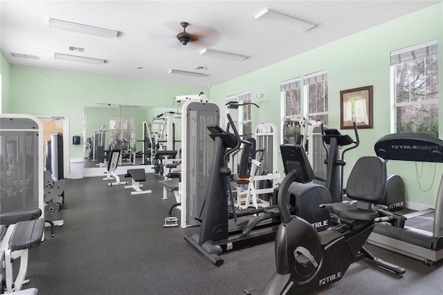 exercise room with ceiling fan