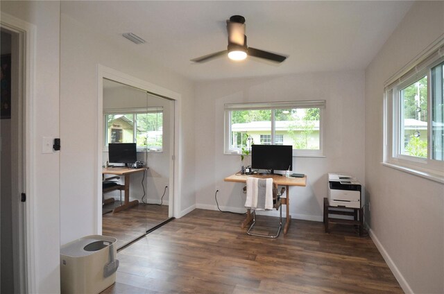 office space with ceiling fan and dark hardwood / wood-style floors