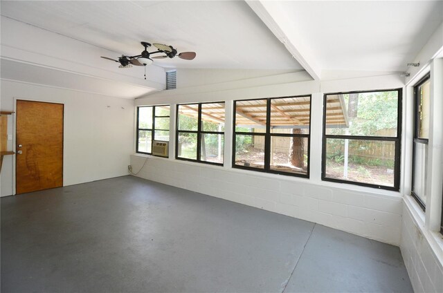 unfurnished sunroom featuring lofted ceiling, ceiling fan, and cooling unit