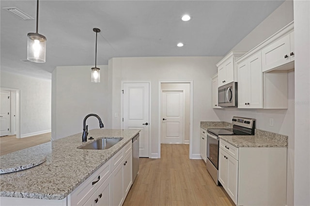 kitchen featuring a sink, visible vents, light wood-style floors, white cabinets, and appliances with stainless steel finishes