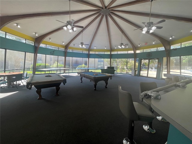 game room with high vaulted ceiling, carpet, ceiling fan, and pool table