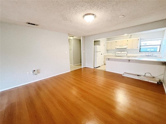 unfurnished living room with sink, light hardwood / wood-style floors, and a textured ceiling