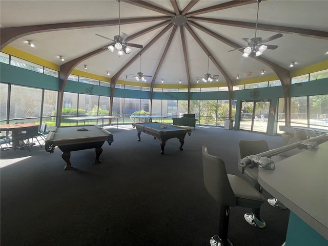 rec room featuring high vaulted ceiling, billiards, beamed ceiling, and carpet flooring