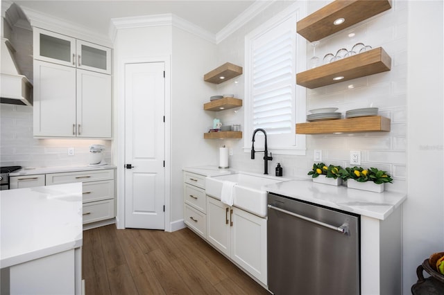 kitchen with premium range hood, dark hardwood / wood-style flooring, stainless steel dishwasher, decorative backsplash, and sink