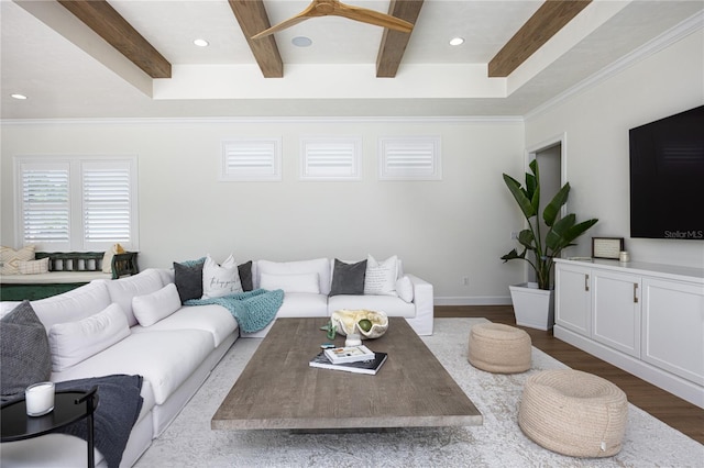 living room featuring ceiling fan, hardwood / wood-style flooring, a tray ceiling, and ornamental molding