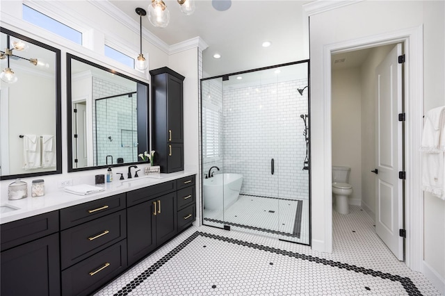 bathroom featuring tile patterned floors, crown molding, dual vanity, toilet, and a shower with door