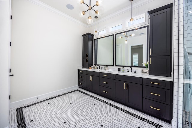 bathroom with tile patterned flooring, double sink vanity, and crown molding