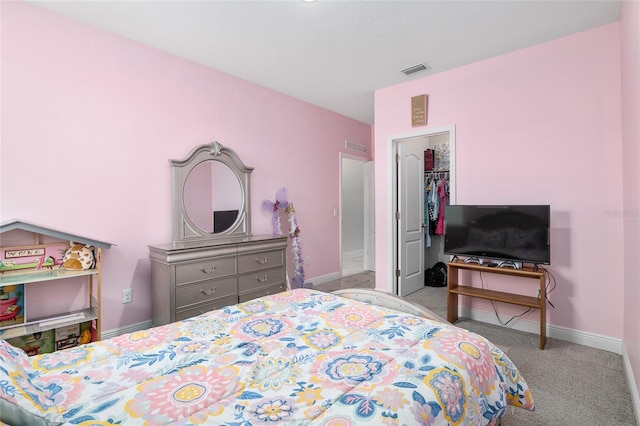 bedroom featuring light carpet