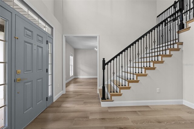 entrance foyer featuring hardwood / wood-style flooring and a towering ceiling