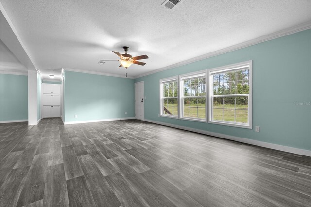 unfurnished living room with crown molding, a textured ceiling, ceiling fan, and wood-type flooring