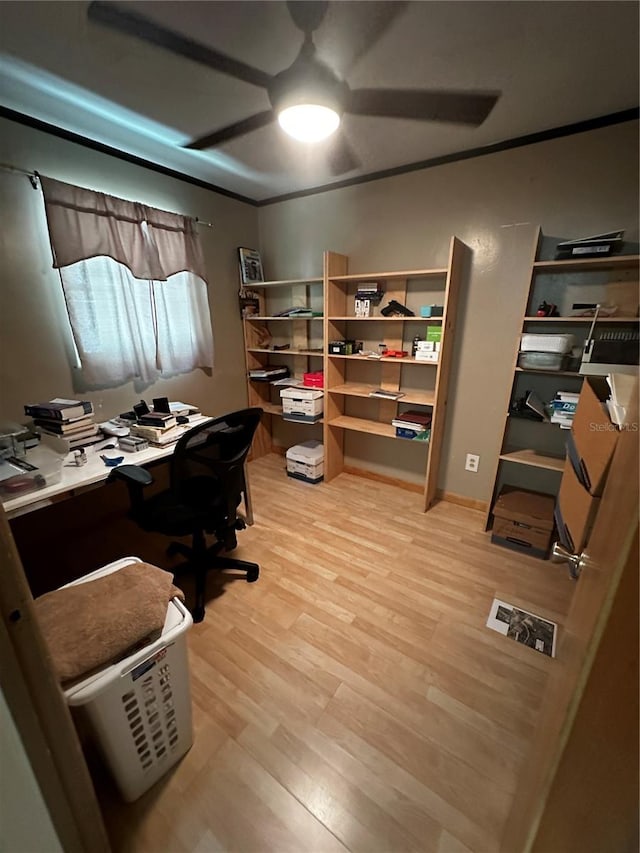 office area featuring ceiling fan and light hardwood / wood-style floors