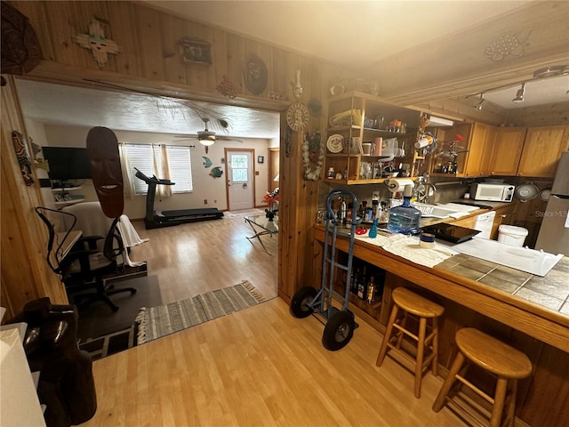 interior space featuring light hardwood / wood-style flooring, track lighting, ceiling fan, and bar area