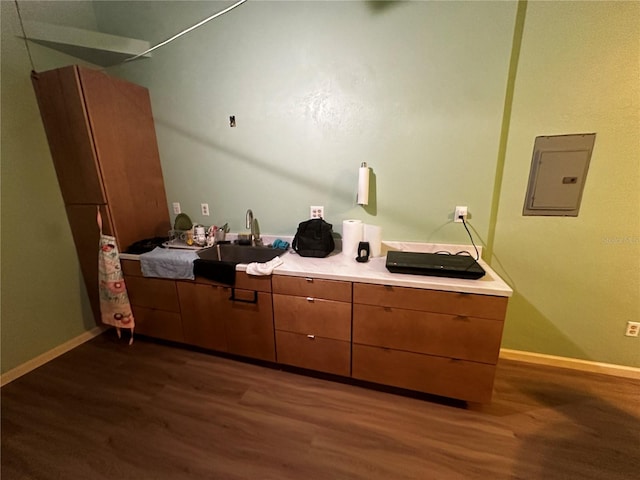 interior space featuring dark hardwood / wood-style flooring, sink, and electric panel