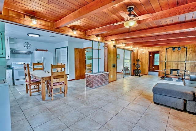 interior space with ceiling fan, wood ceiling, beam ceiling, and wooden walls