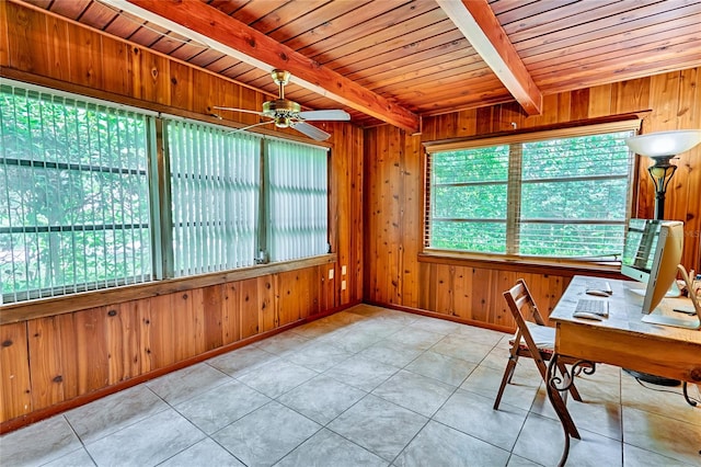 sunroom featuring ceiling fan, wooden ceiling, and beam ceiling