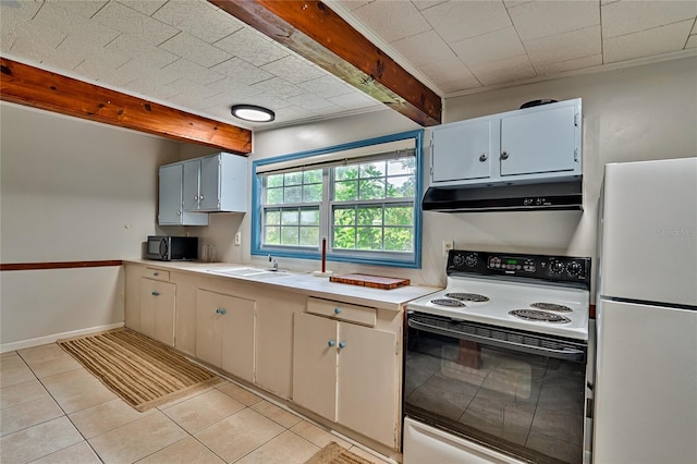 kitchen with white cabinetry, beamed ceiling, white fridge, electric stove, and light tile patterned floors