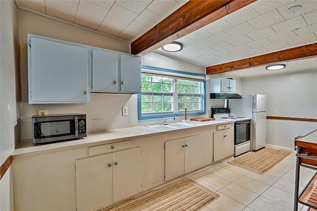 kitchen featuring light tile patterned floors, sink, beam ceiling, and white appliances