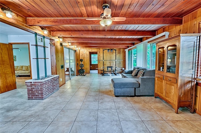 living room with ceiling fan, wooden ceiling, a wood stove, and wooden walls