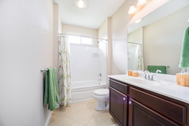 full bathroom with toilet, tile patterned flooring, shower / bath combination with curtain, and vanity