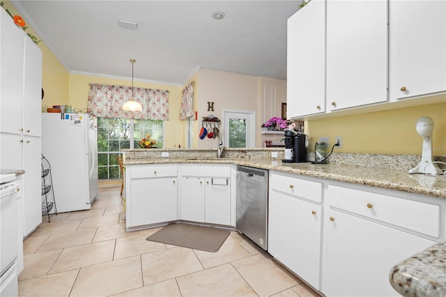 kitchen with white cabinetry, light tile patterned floors, kitchen peninsula, dishwasher, and white refrigerator