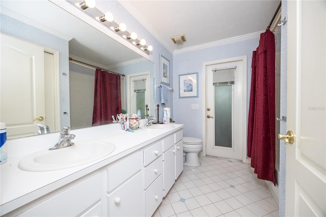 bathroom featuring toilet, tile patterned flooring, double sink vanity, and crown molding