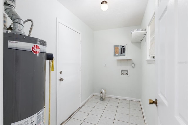 laundry area featuring laundry area, light tile patterned floors, electric panel, hookup for a washing machine, and gas water heater