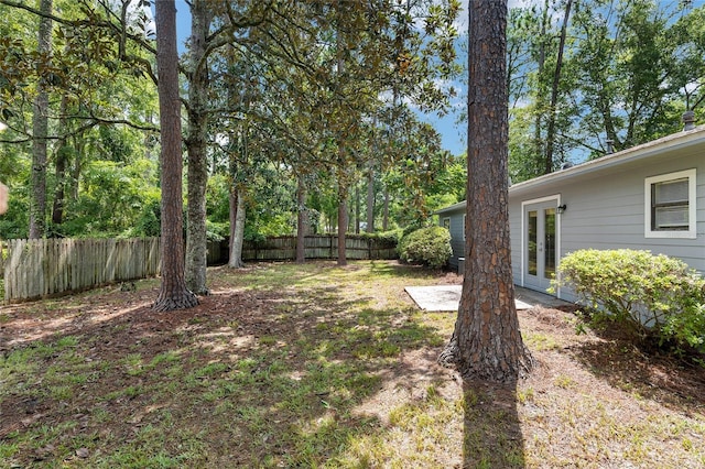 view of yard featuring a fenced backyard and french doors