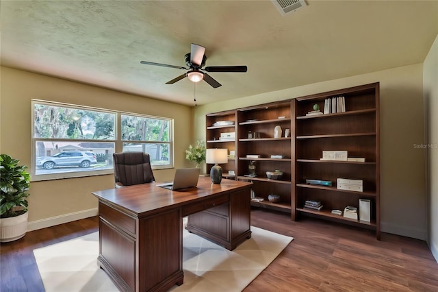 office area featuring hardwood / wood-style floors and ceiling fan