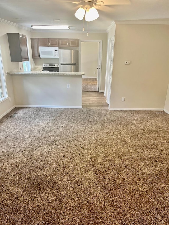 kitchen with light colored carpet, kitchen peninsula, appliances with stainless steel finishes, and ceiling fan