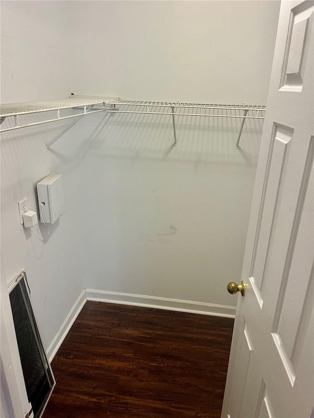 walk in closet with dark wood-type flooring