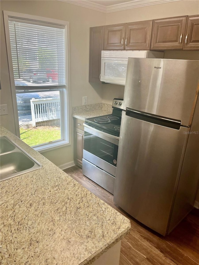 2905 SW Archer Rd Unit T4028, Gainesville, FL 32608 - kitchen with stainless steel appliances, ornamental molding, wood finished floors, and light countertops