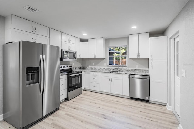 1022 NE 8th Ave, Gainesville, FL 32601 - kitchen with stainless steel appliances, a sink, white cabinets, light wood-style flooring, and light stone counters