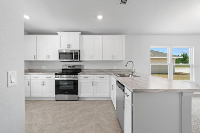 kitchen with visible vents, a sink, appliances with stainless steel finishes, a peninsula, and white cabinets