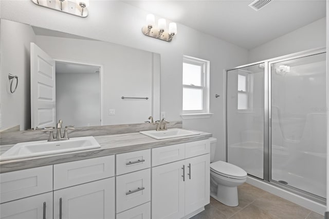 full bathroom with visible vents, a shower stall, toilet, and a sink