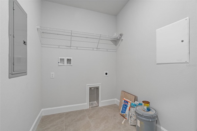 laundry room with baseboards, electric panel, laundry area, hookup for a washing machine, and hookup for an electric dryer